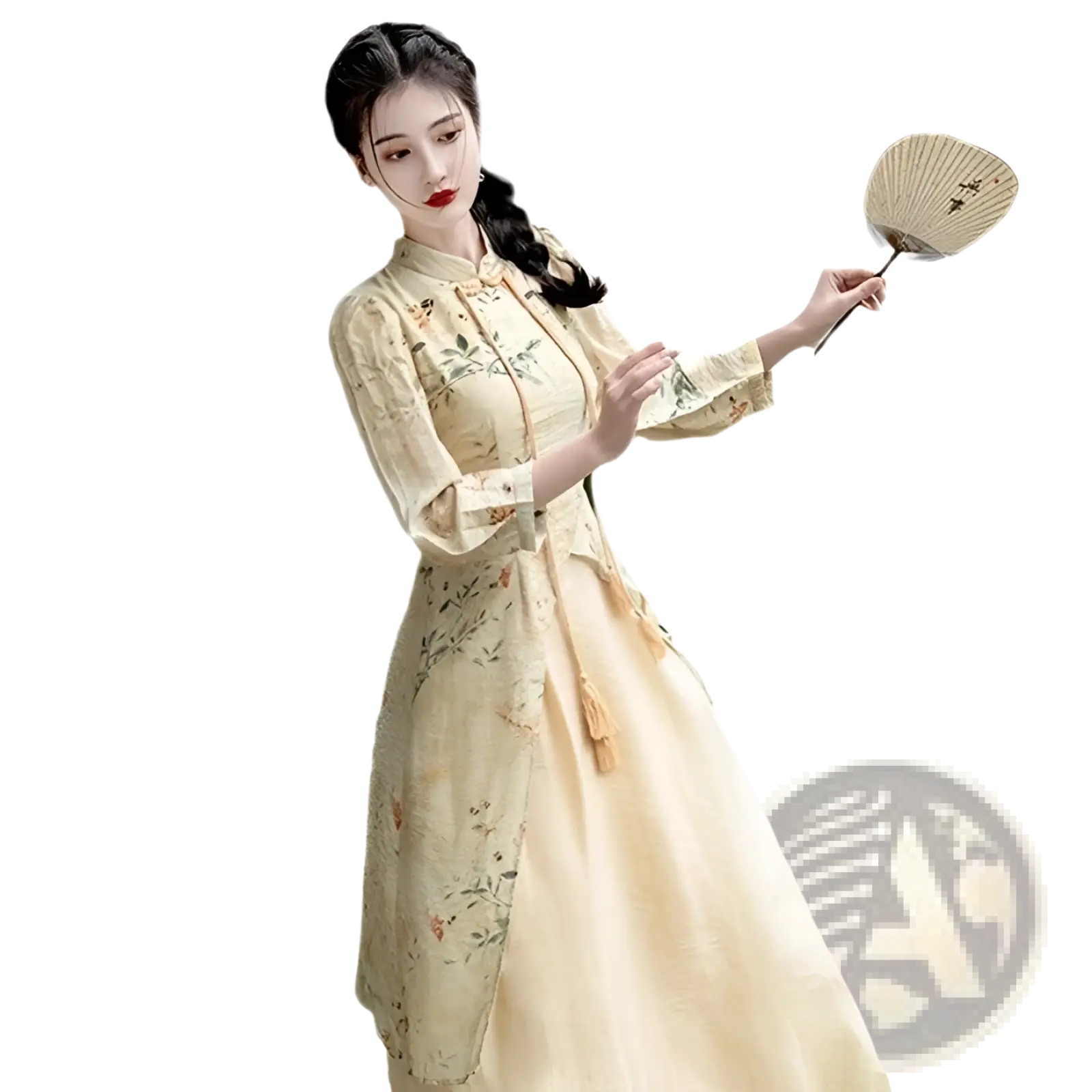 A delicate beige embroidered floral apricot cheongsam dress with high collar three-quarter sleeves and tassels