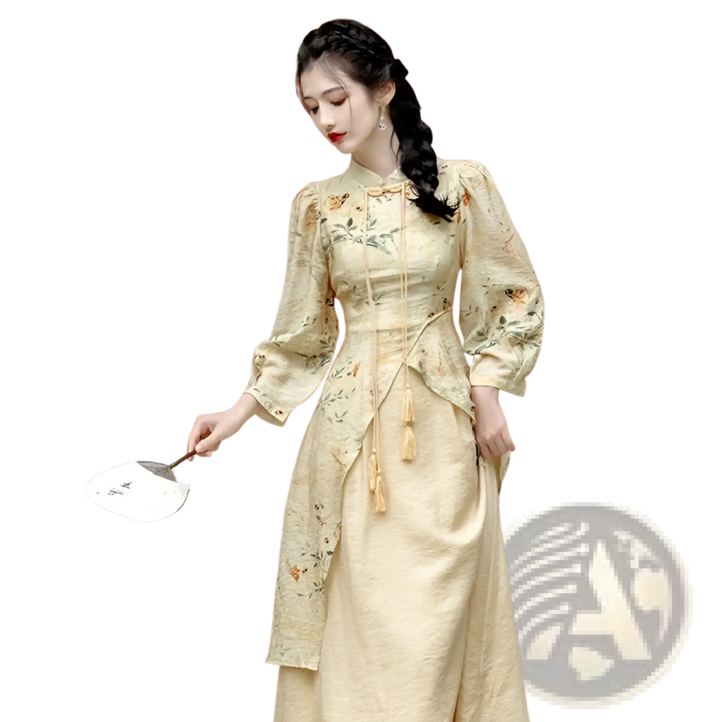 Delicate cream apricot cheongsam dress with intricate floral embroidery, high collar, long puffed sleeves, and tassels