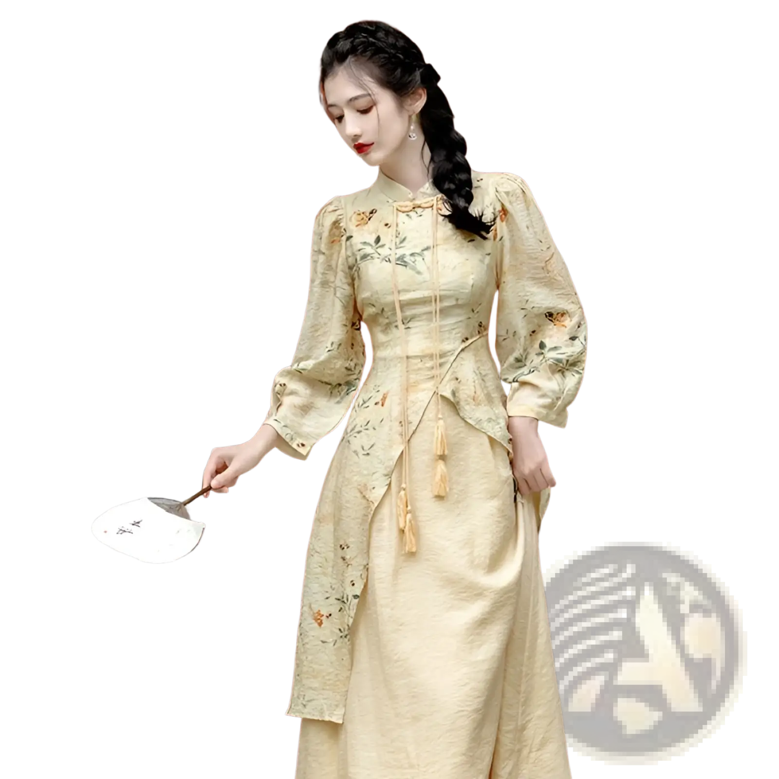 Delicate cream apricot cheongsam dress with intricate floral embroidery, high collar, long puffed sleeves, and tassels