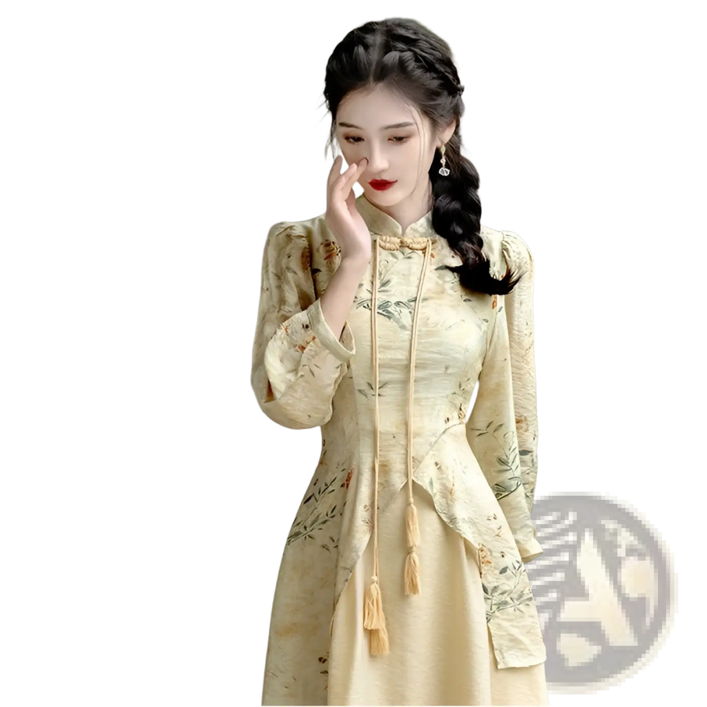 A woman wears a beige embroidered floral apricot cheongsam dress with long sleeves and tassel details