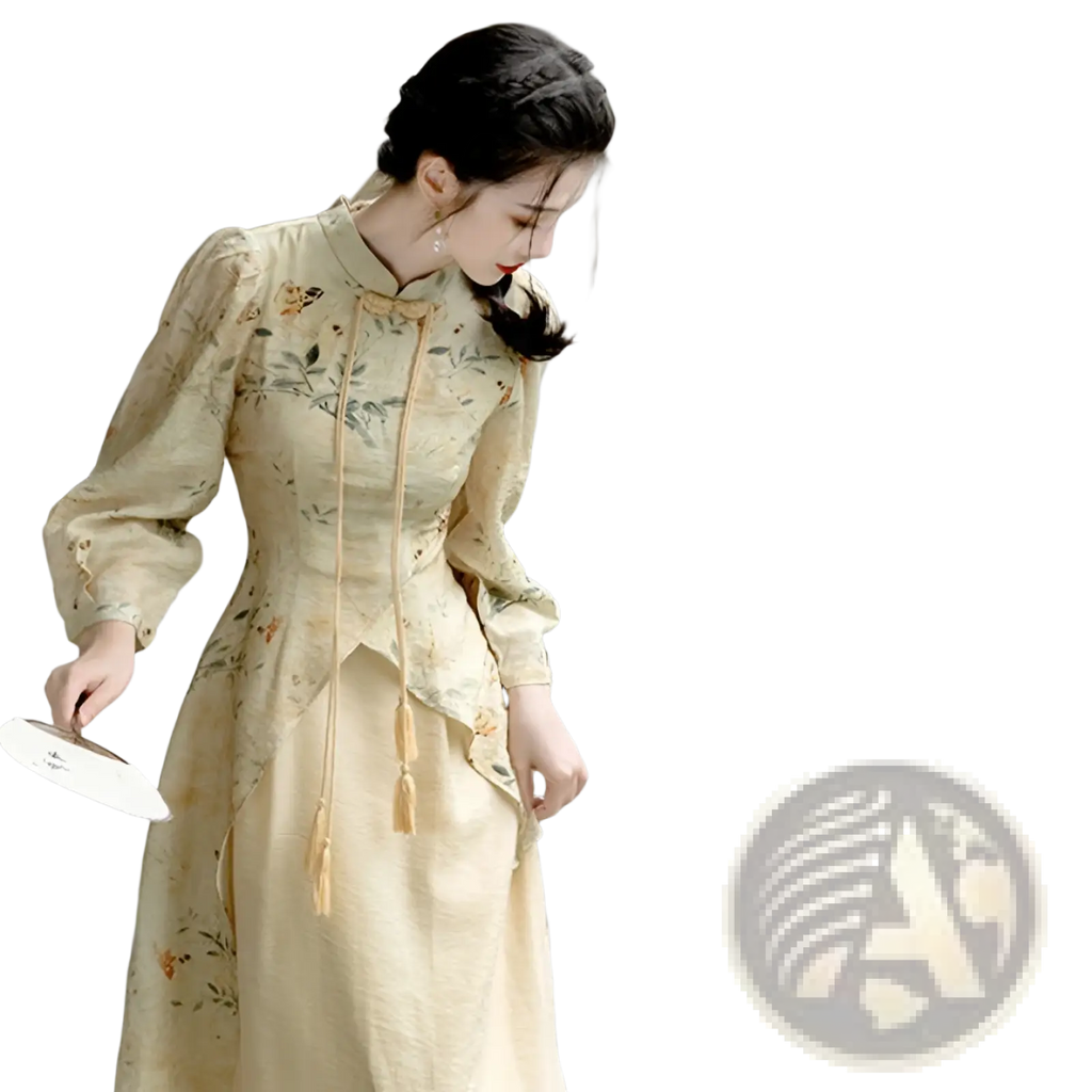 A woman wears a pale yellow embroidered floral apricot cheongsam dress with tassels and long sleeves