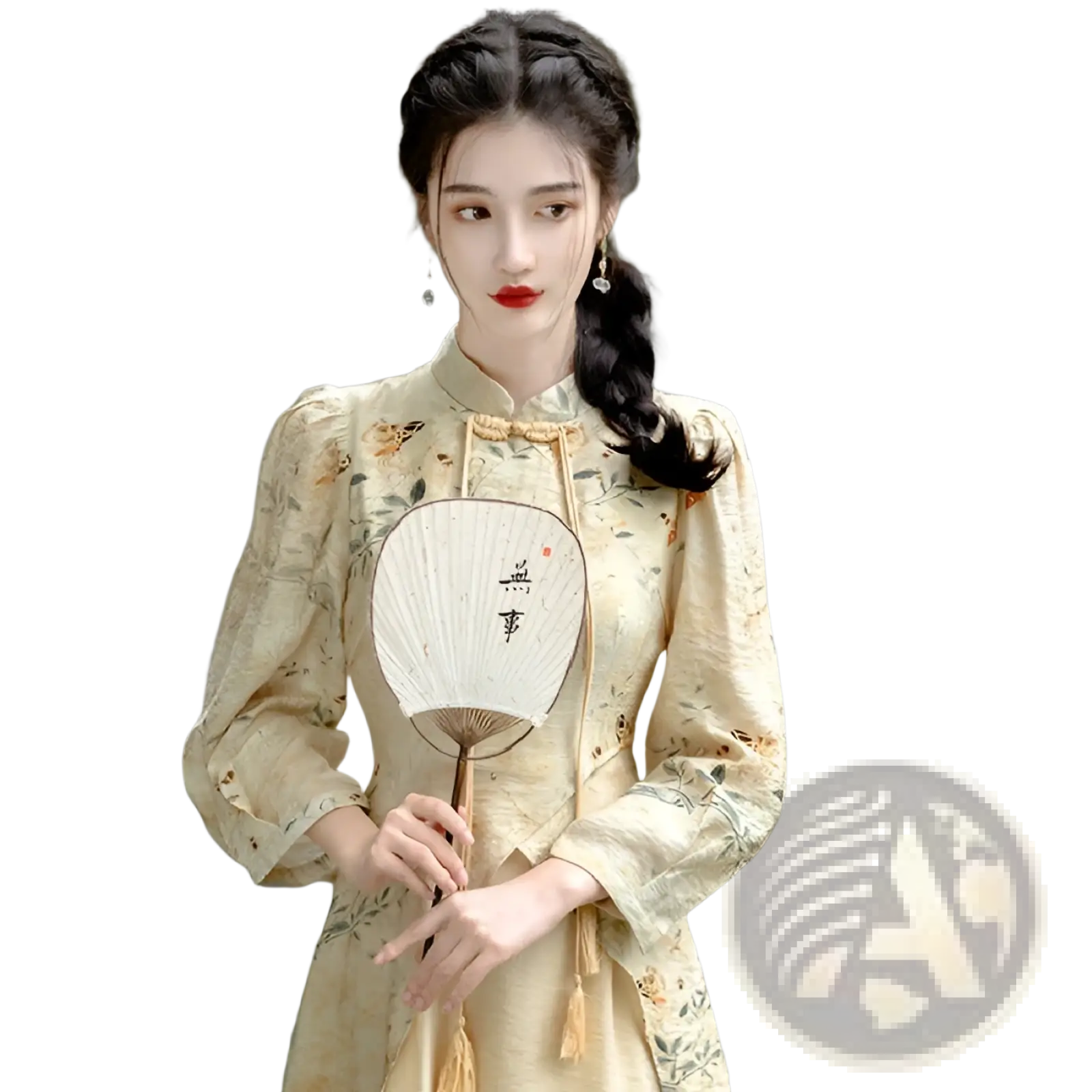 A woman wears an embroidered floral apricot cheongsam dress with tassels standing beside lotus leaves