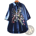 Navy blue satin embroidered floral chiffon blouse with vibrant pink green and gold bird and flower patterns