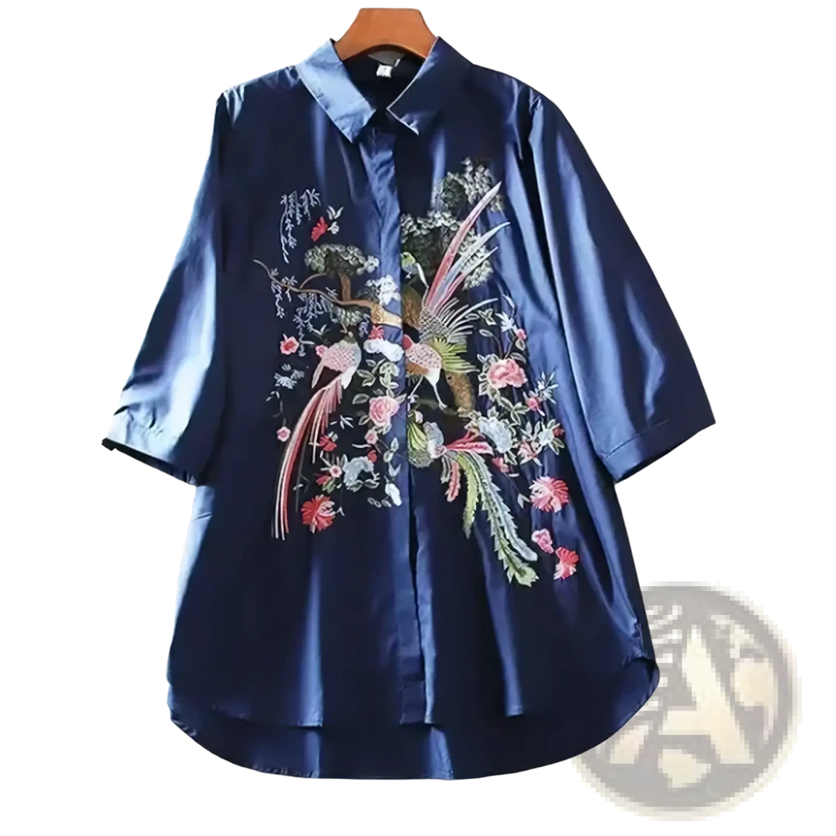 Navy blue satin embroidered floral chiffon blouse with vibrant pink green and gold bird and flower patterns
