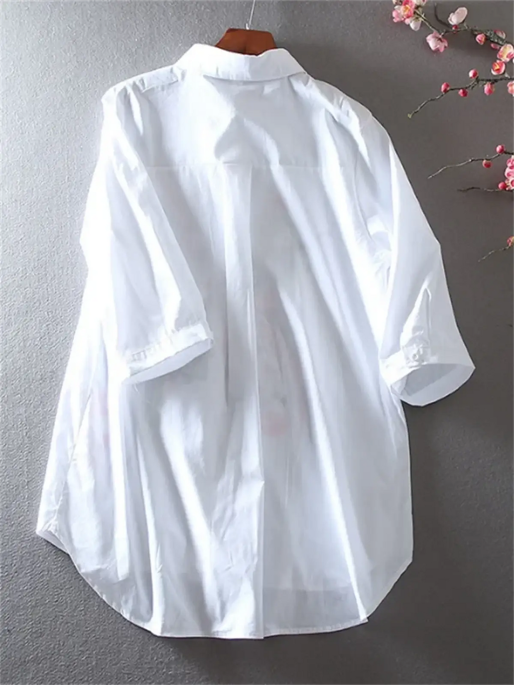 White lightweight cotton embroidered floral chiffon blouse with classic collar and three quarter length sleeves