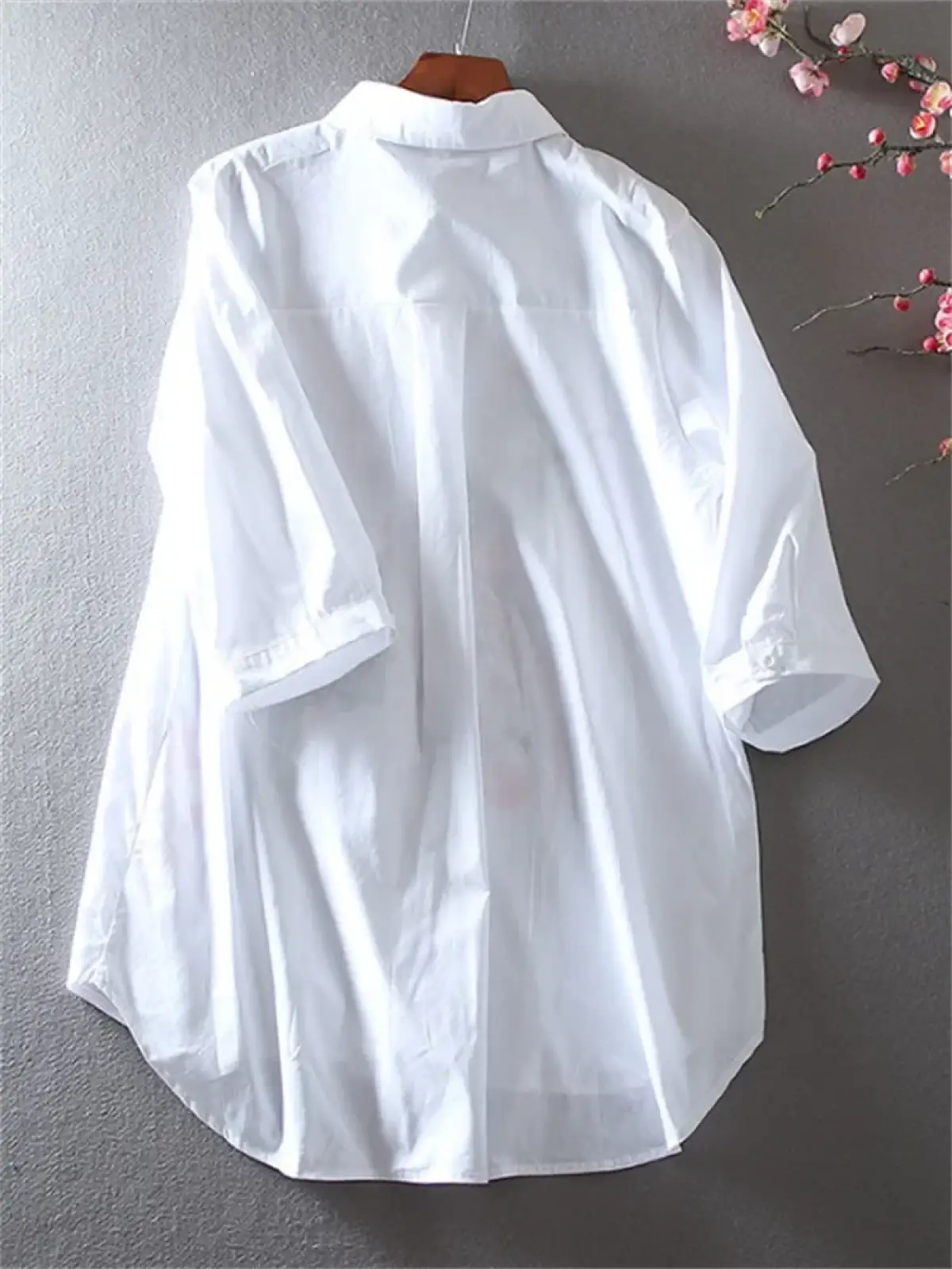 White lightweight cotton embroidered floral chiffon blouse with classic collar and three quarter length sleeves