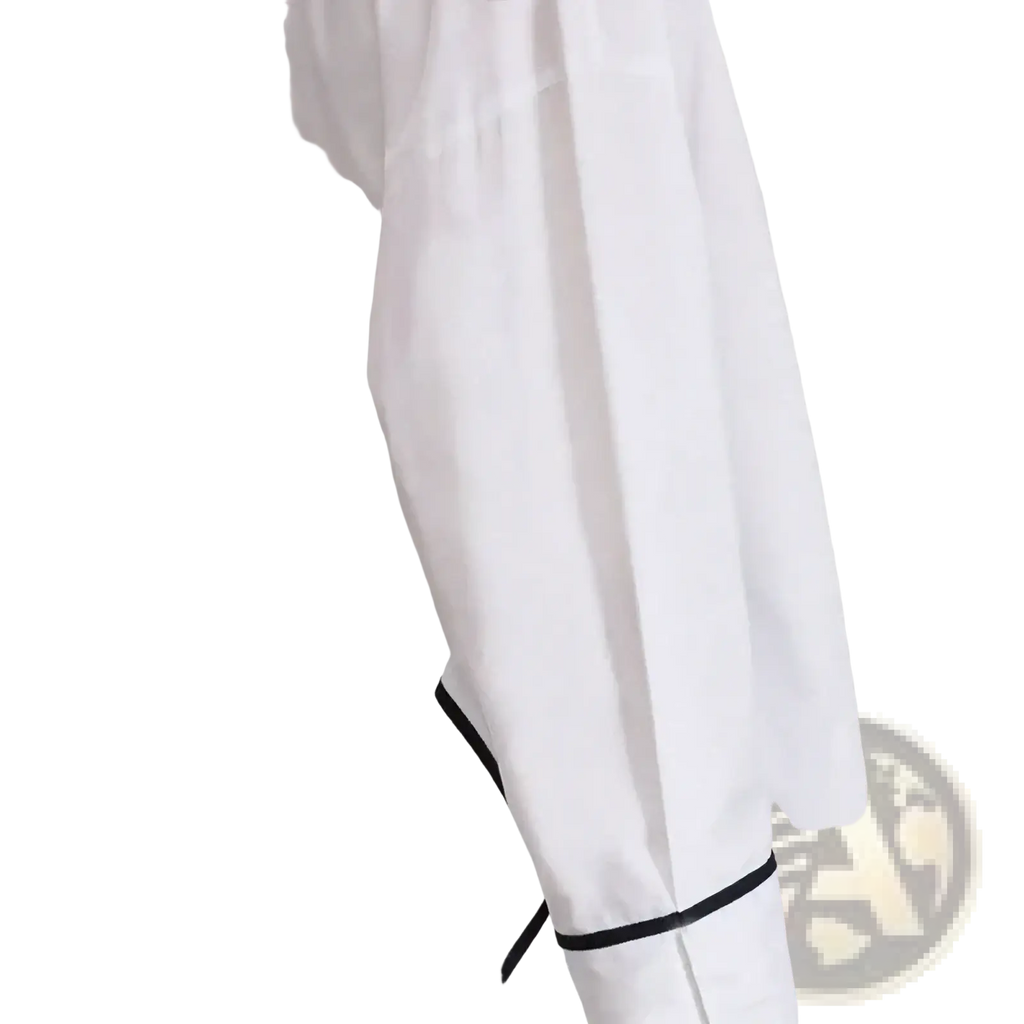 Embroidered floral cotton button up blouse in white with black trim along the cuffs and hem