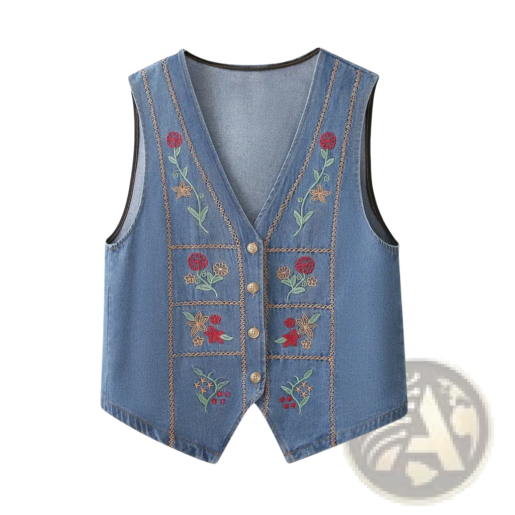 Blue denim vest with red orange and green floral embroidery along the front panels in embroidered floral denim vest