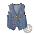 Blue denim vest with red orange and green floral embroidery along the front panels in embroidered floral denim vest