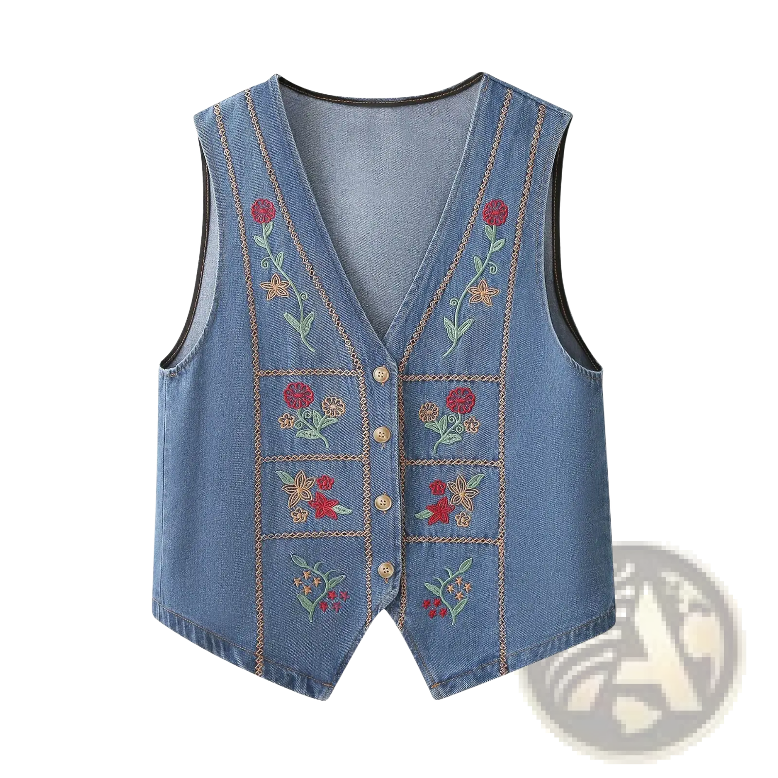 Blue denim vest with red orange and green floral embroidery along the front panels in embroidered floral denim vest