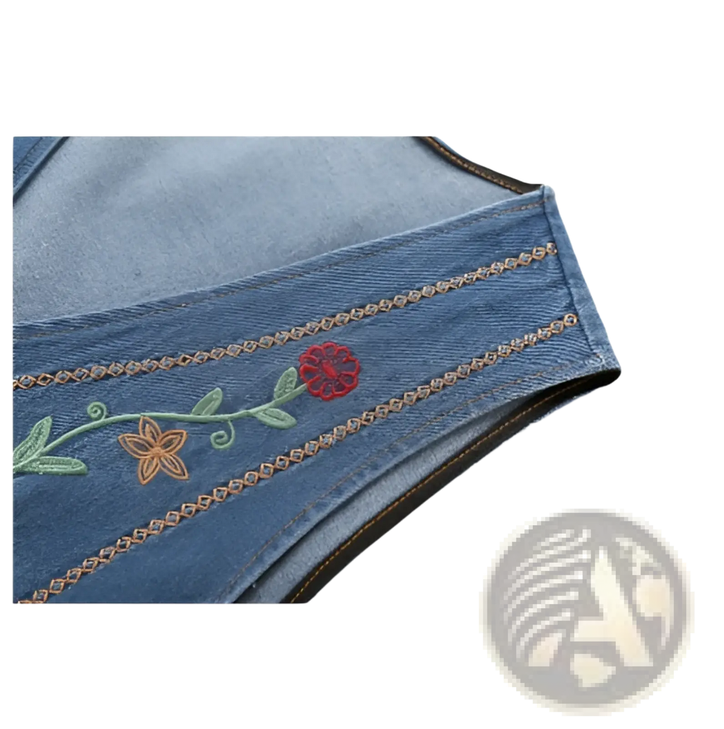 Blue denim embroidered floral vest with red and orange flowers on green vines and decorative stitching detail