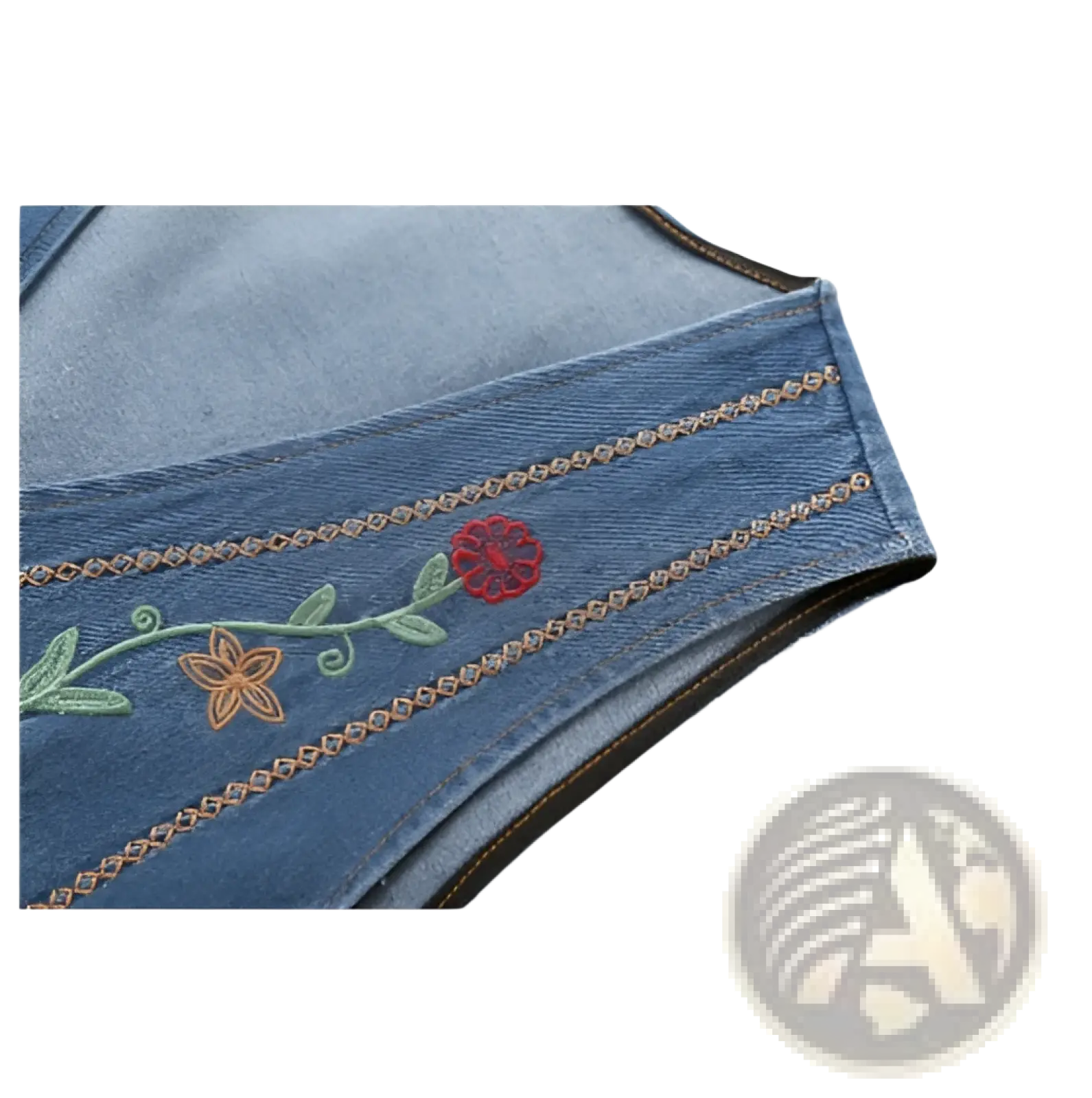 Blue denim embroidered floral vest with red and orange flowers on green vines and decorative stitching detail