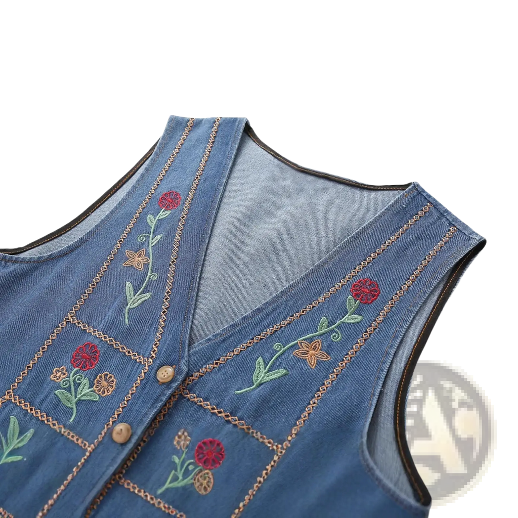 Blue denim vest with colorful floral embroidery and brown button closures in embroidered floral denim vest design