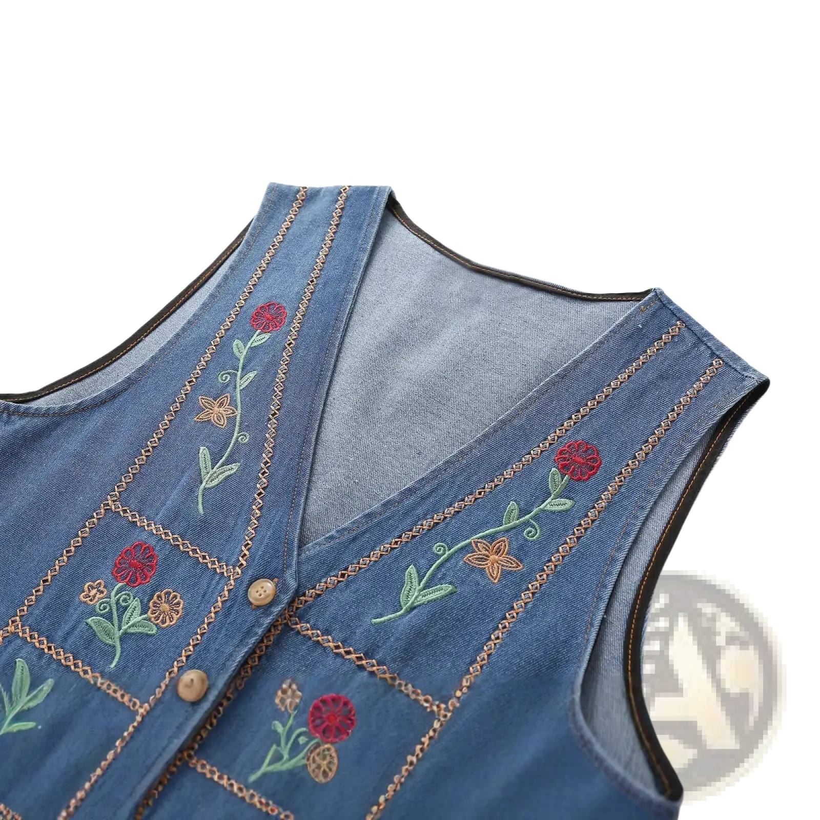 Blue denim vest with colorful floral embroidery and brown button closures in embroidered floral denim vest design