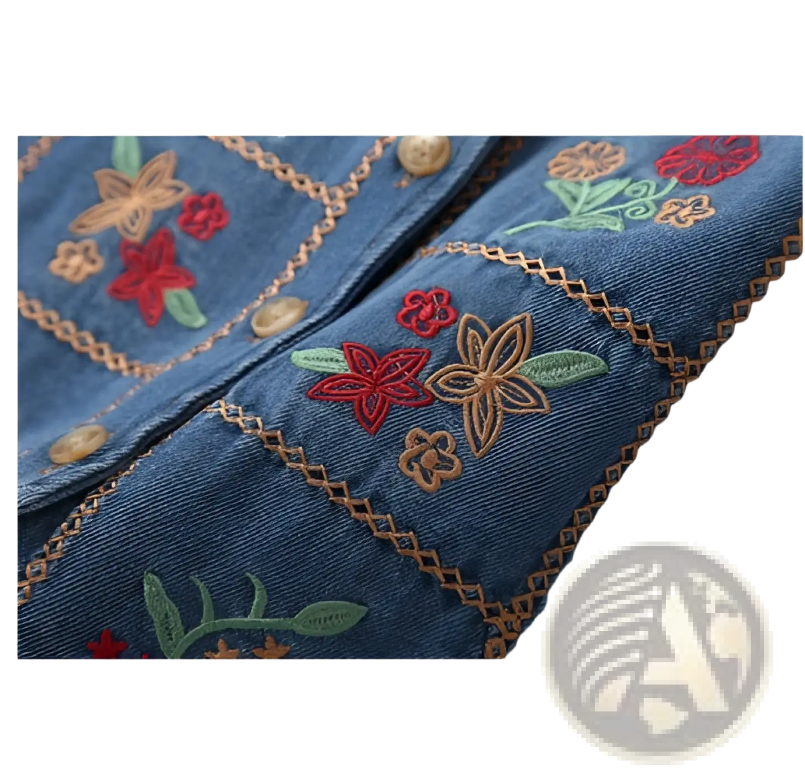 Denim jacket with colorful red green and gold floral embroidery featured on the back side in embroidered floral denim vest