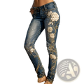 Embroidered floral faux denim pants in blue with intricate white and gold floral embroidery and sparkling embellishments