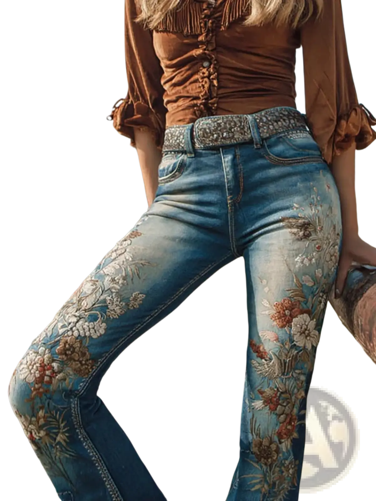 Blue denim flare jeans with intricate white pink and brown floral embroidery embroidered floral faux denim pants