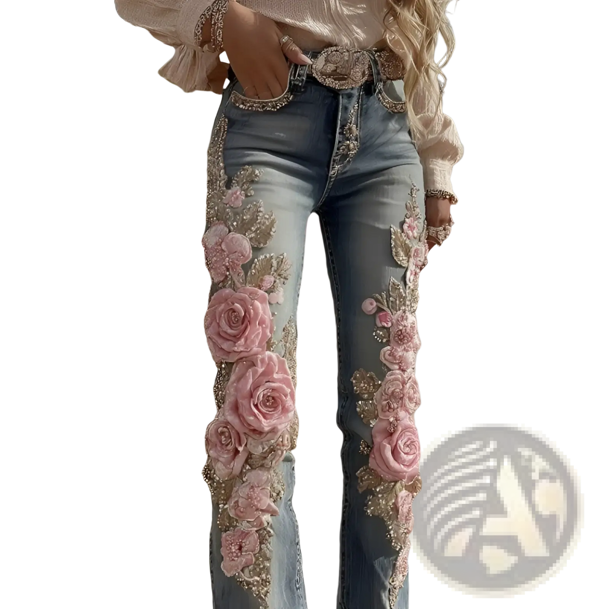 Embroidered floral faux denim pants featuring pink floral embellishments, beaded rose details, and a decorative belt