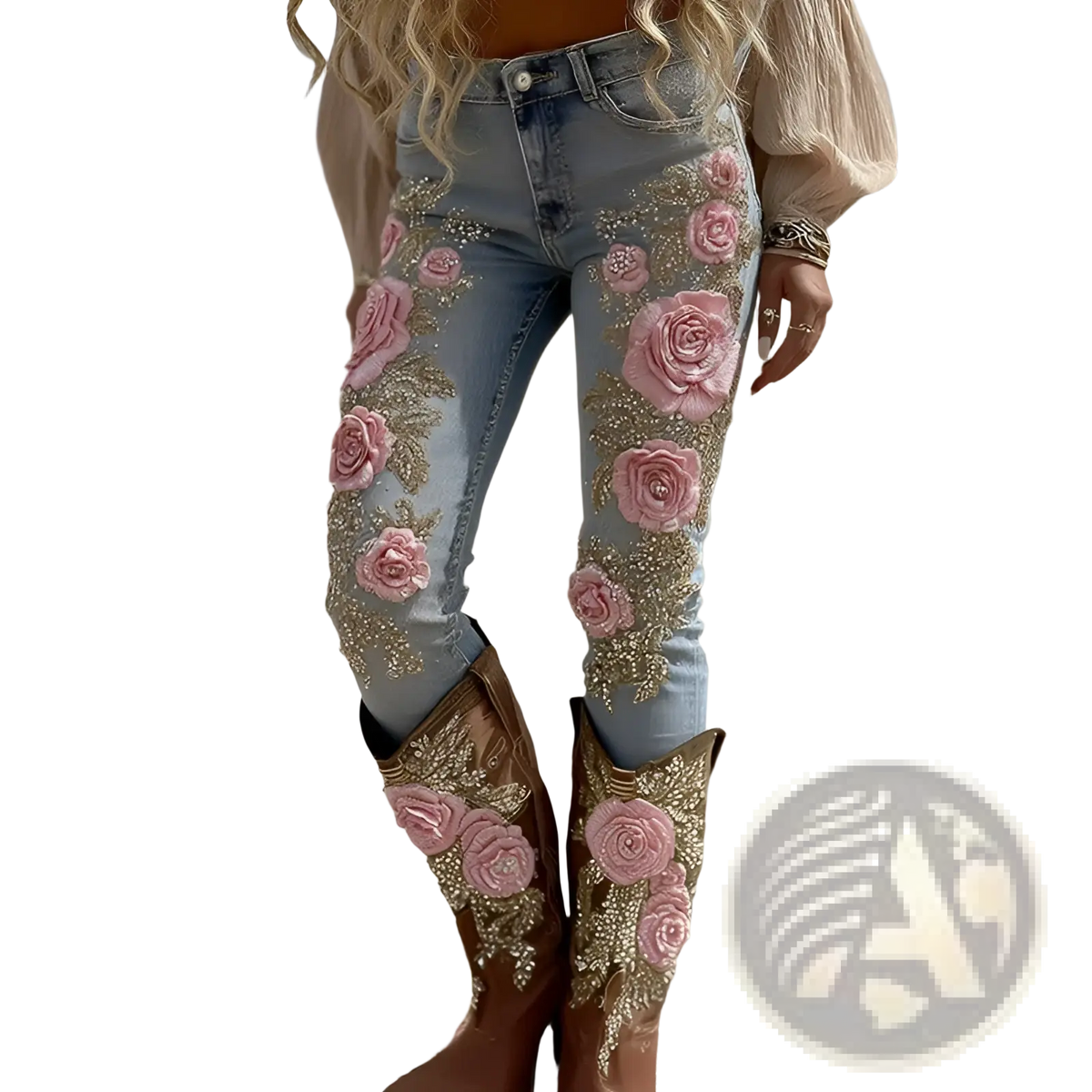 Light-wash denim pants with pink floral embroidery and gold glitter accents in embroidered floral faux denim style