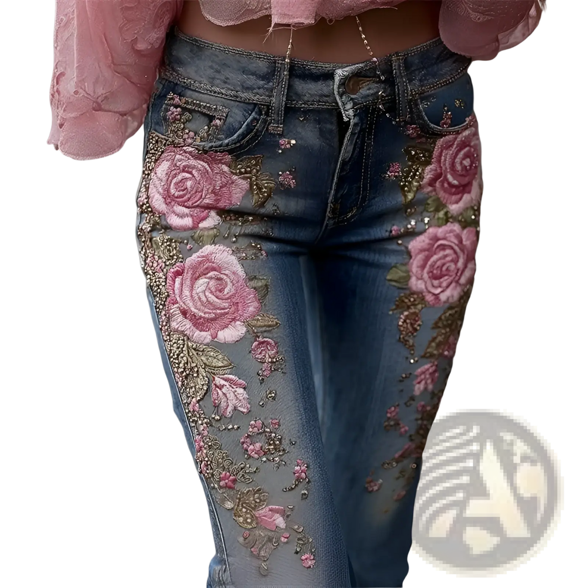 Embroidered floral faux denim pants in blue with intricate pink rose embroidery and sparkling side embellishments