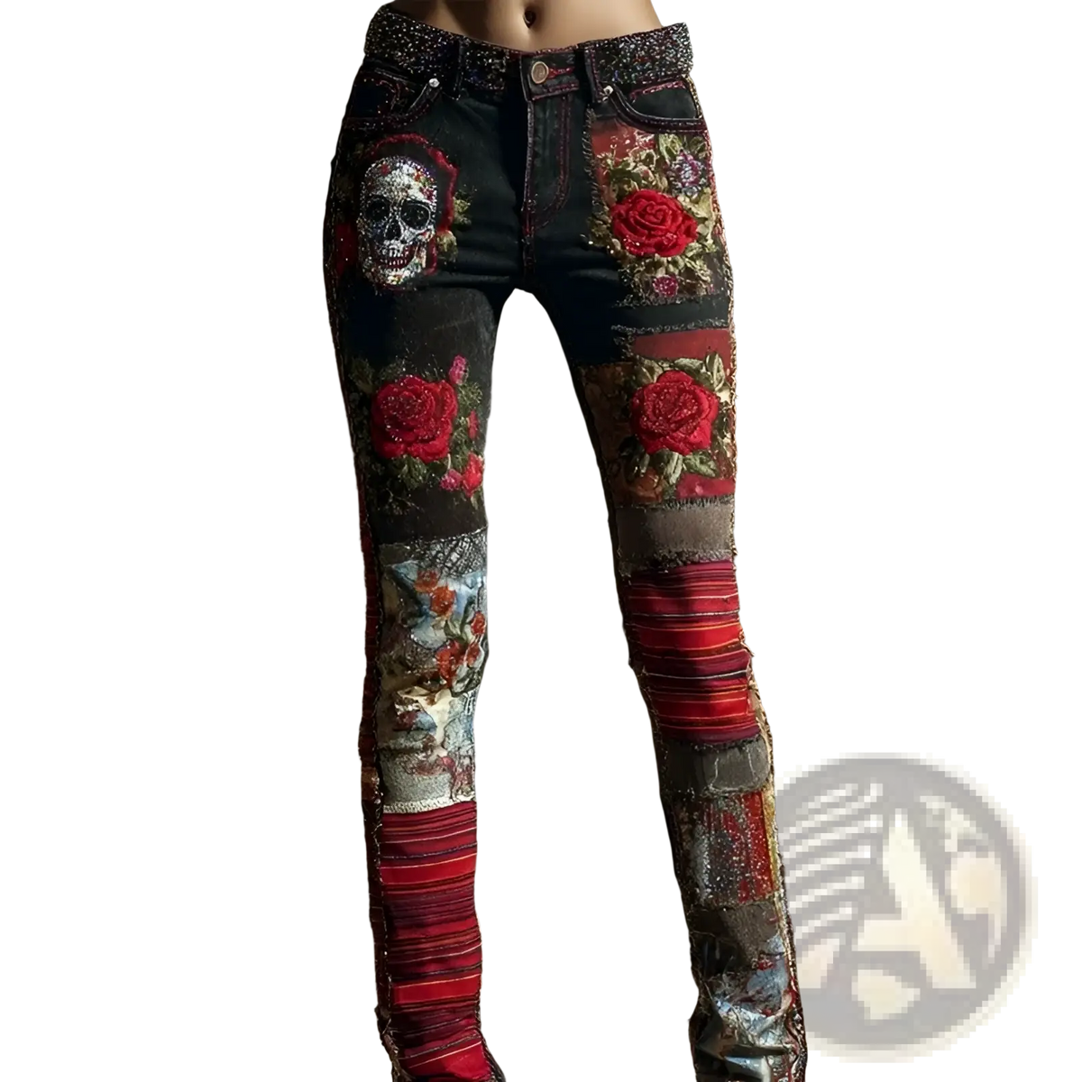 Black denim embroidered floral faux denim pants with vibrant red roses skull patch and layered fabric patches