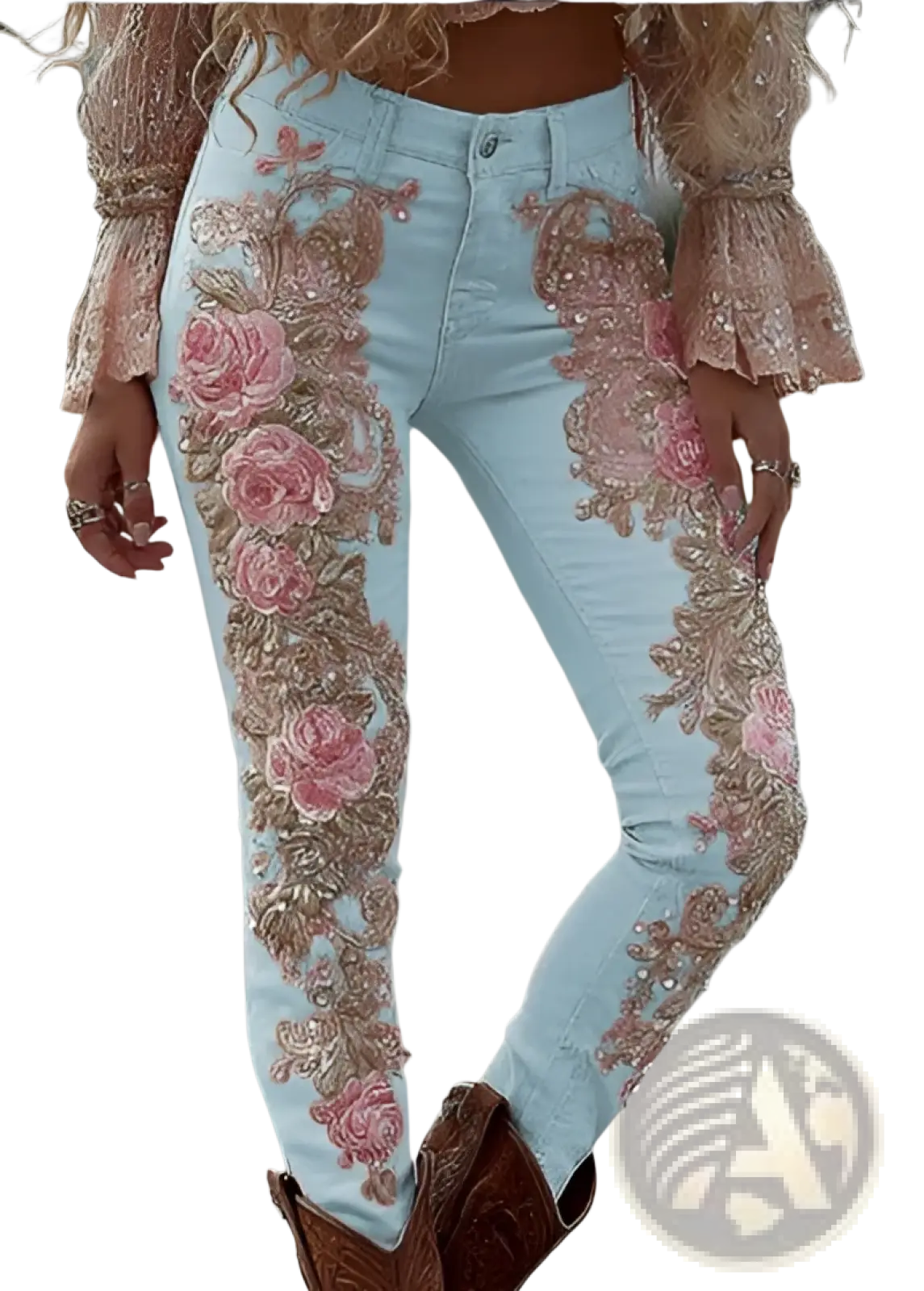Light blue faux denim pants with intricate pink and gold floral embroidery along the outer legs