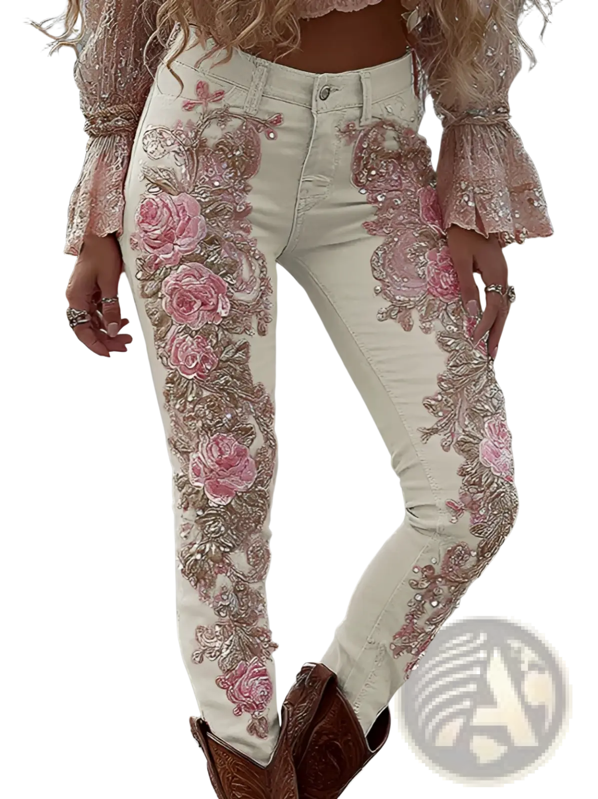 Cream-colored faux denim pants featuring intricate pink and gold floral embroidery on the front