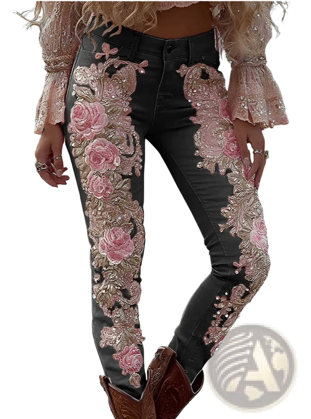 Black embroidered floral faux denim pants featuring intricate pink and gold floral embroidery on black jeans