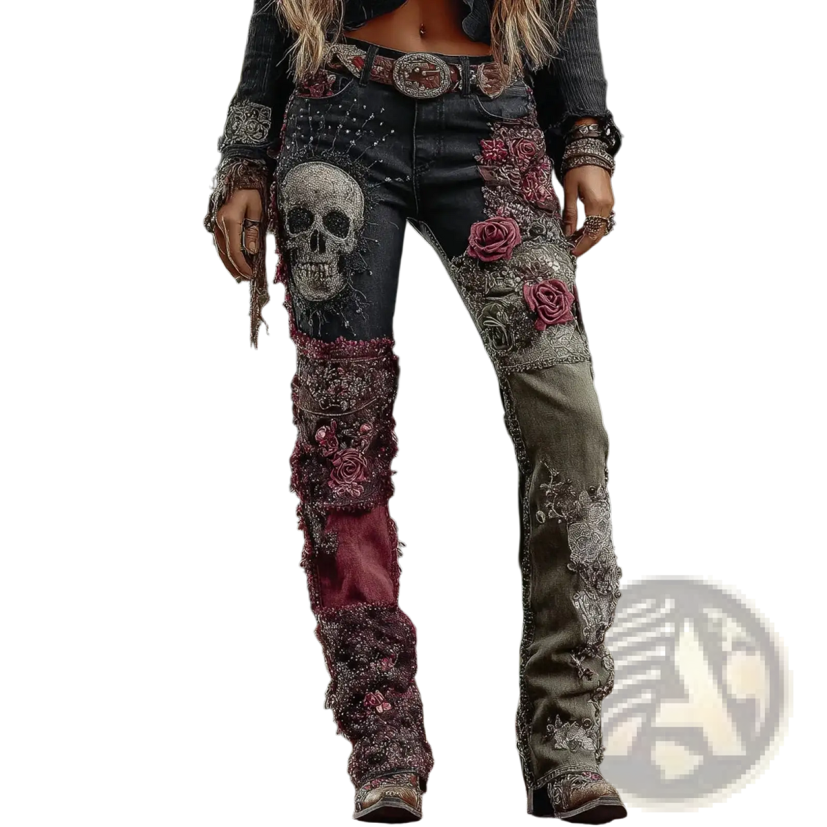 Black denim jeans with silver skull patch, maroon floral embroidery, and layered burgundy and olive fabric patches