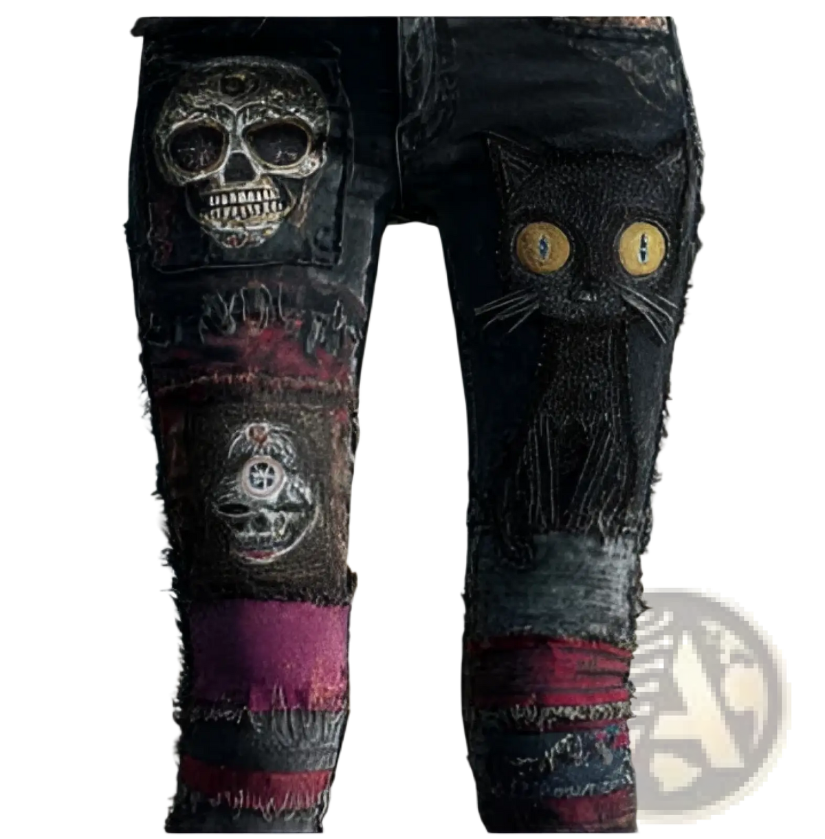 Black distressed denim pants featuring skull and cat embroidered patches with glowing yellow eyes and faded pink fabric accents