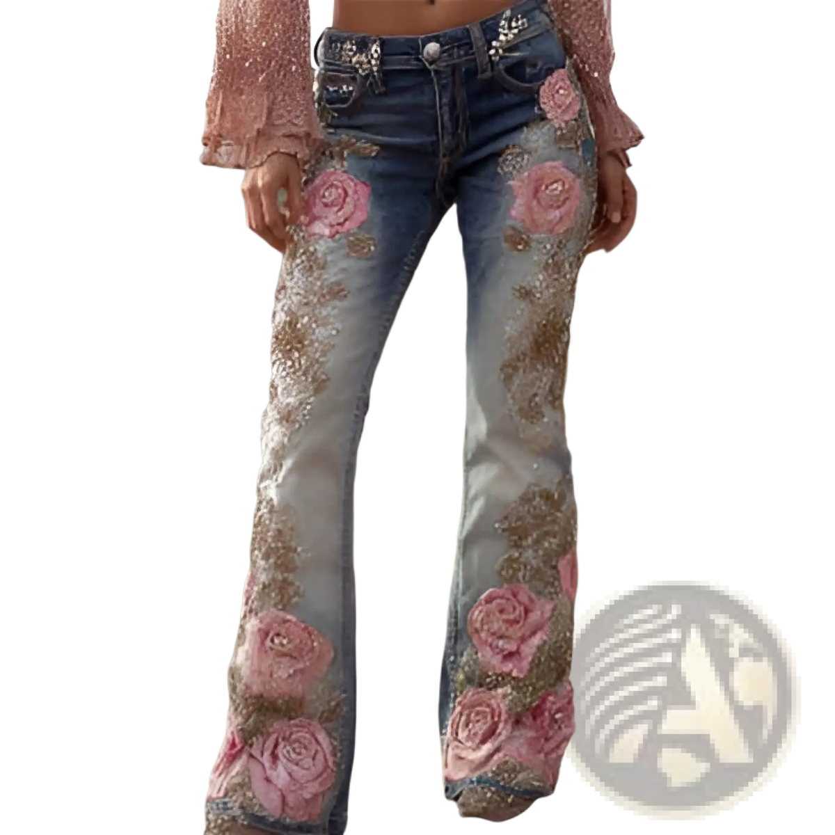 Flared denim jeans with pink rose embroidery and gold thread detailing in embroidered floral faux denim pants