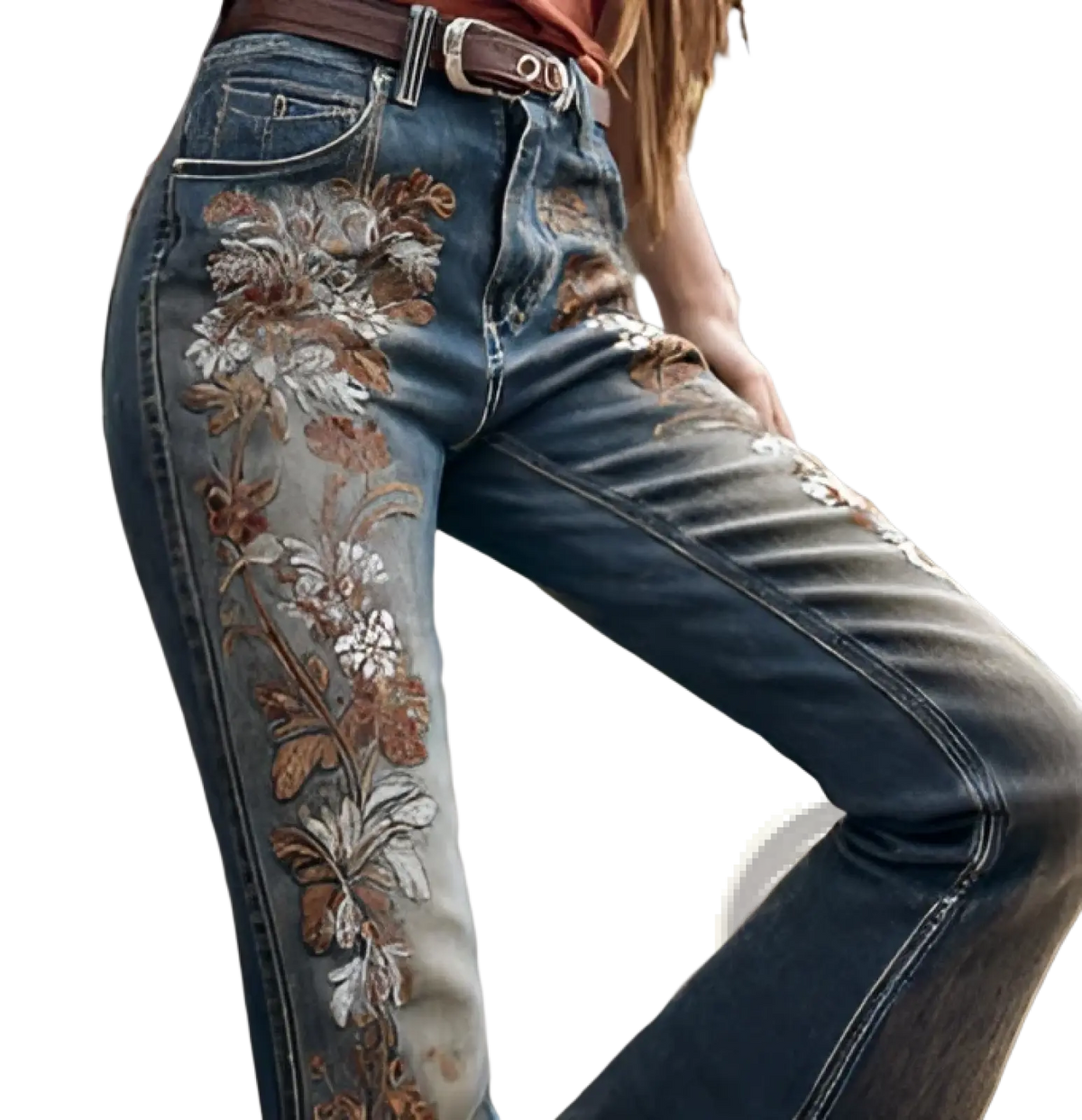 Embroidered floral faux denim pants featuring high-waisted faded blue jeans with brown stitching detailing