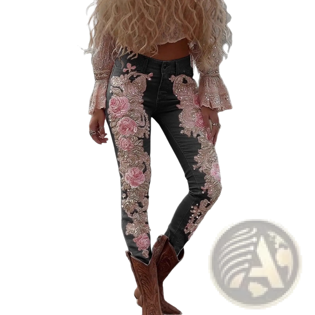 Black embroidered floral faux denim pants featuring intricate pink floral embroidery and sparkling embellishments along outer legs