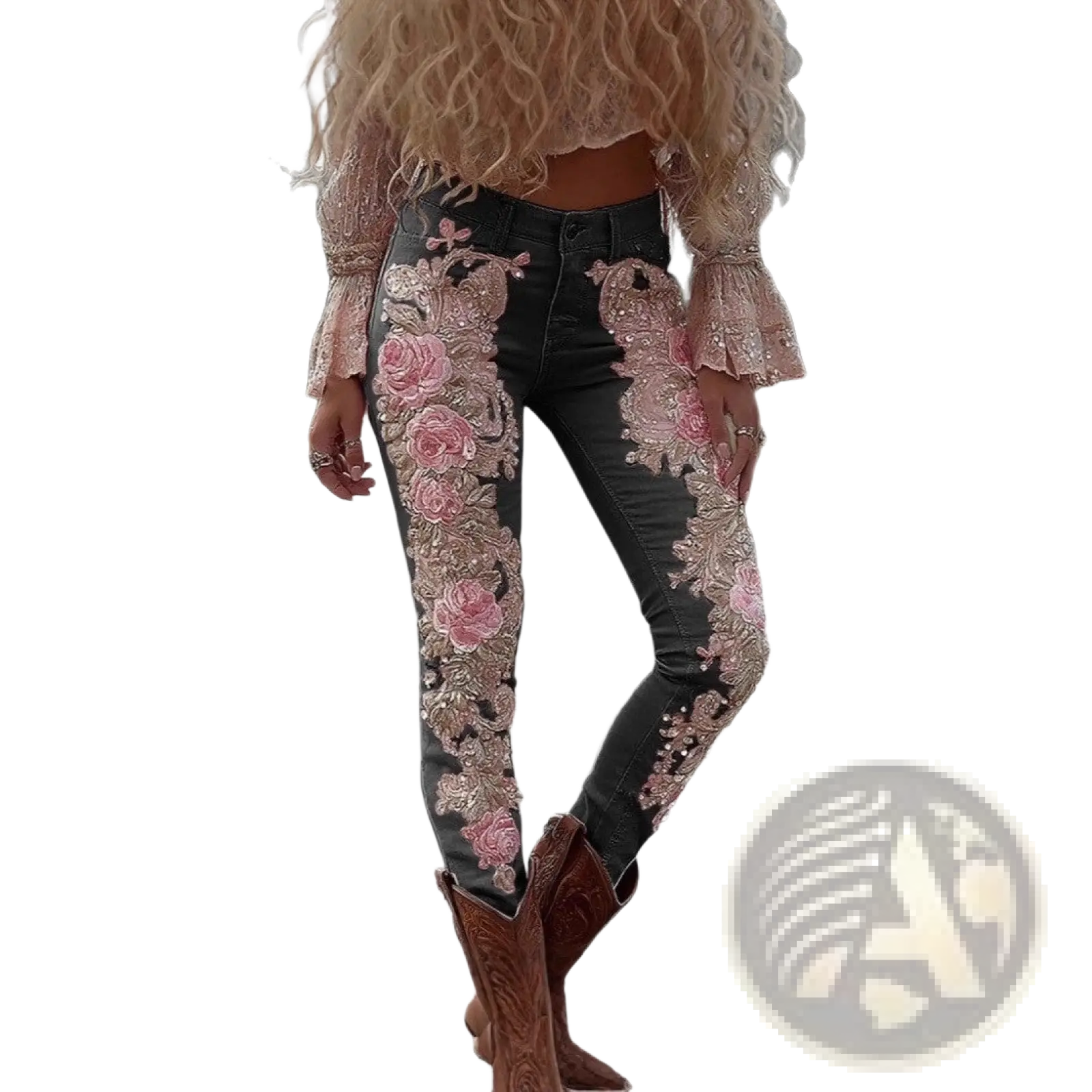 Black embroidered floral faux denim pants featuring intricate pink floral embroidery and sparkling embellishments along outer legs