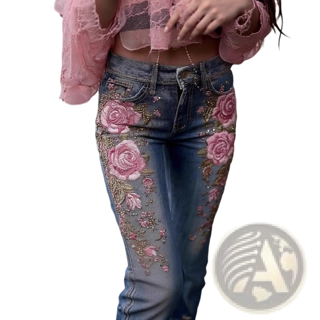 Blue denim embroidered floral faux denim pants featuring intricate pink rose embroidery and sparkling embellishments