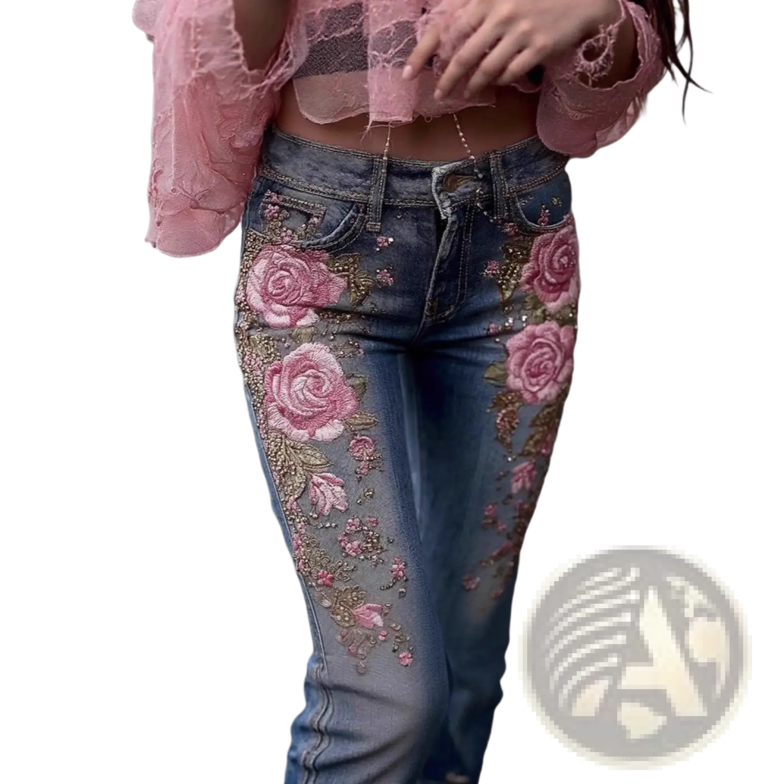 Blue denim embroidered floral faux denim pants featuring intricate pink rose embroidery and sparkling embellishments