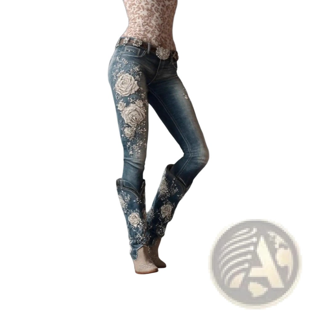 Embroidered floral faux denim pants in blue denim with intricate cream floral embroidery and sparkling leg embellishments
