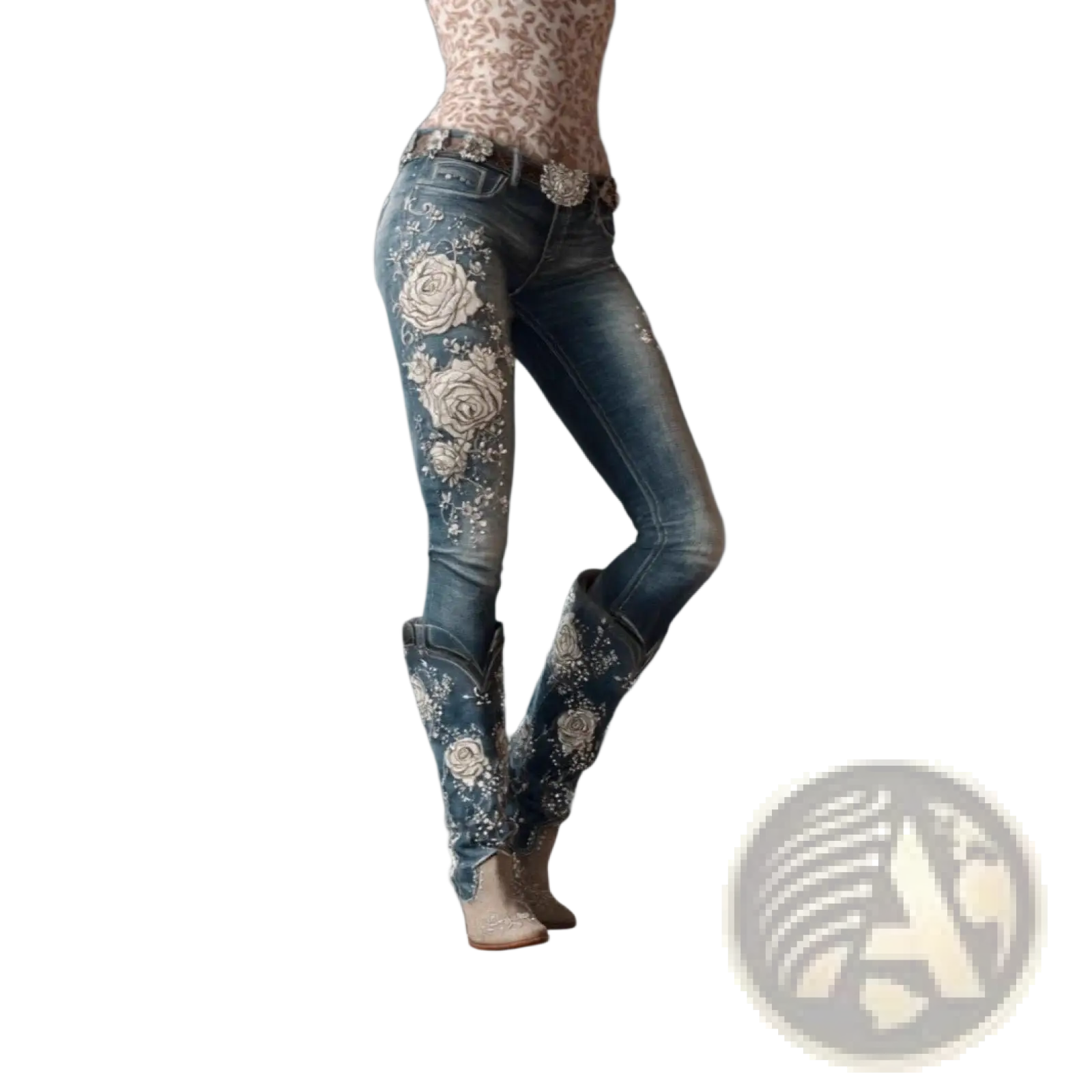 Embroidered floral faux denim pants in blue denim with intricate cream floral embroidery and sparkling leg embellishments