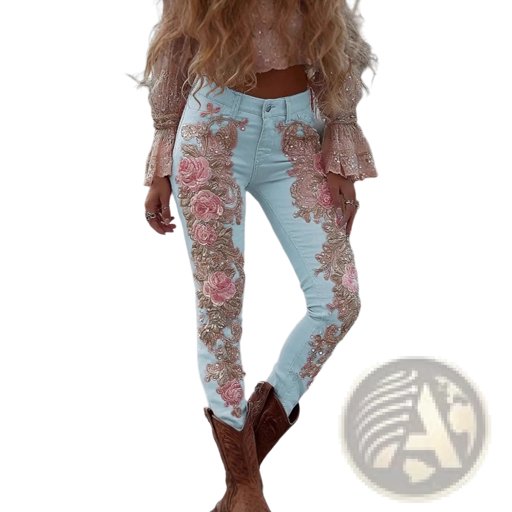 Light blue faux denim pants with intricate pink and gold floral embroidery along the outer legs