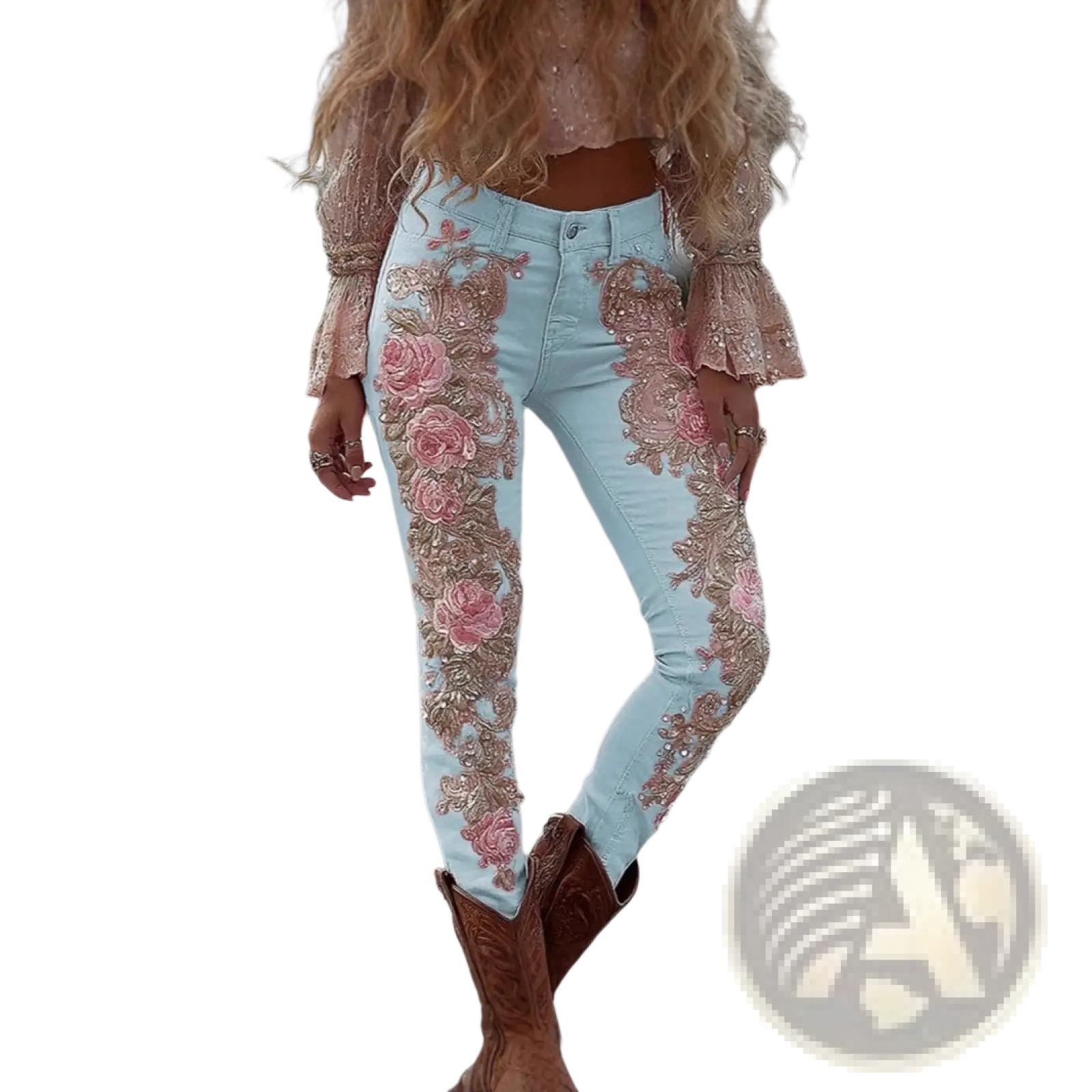 Light blue faux denim pants with intricate pink and gold floral embroidery along the outer legs