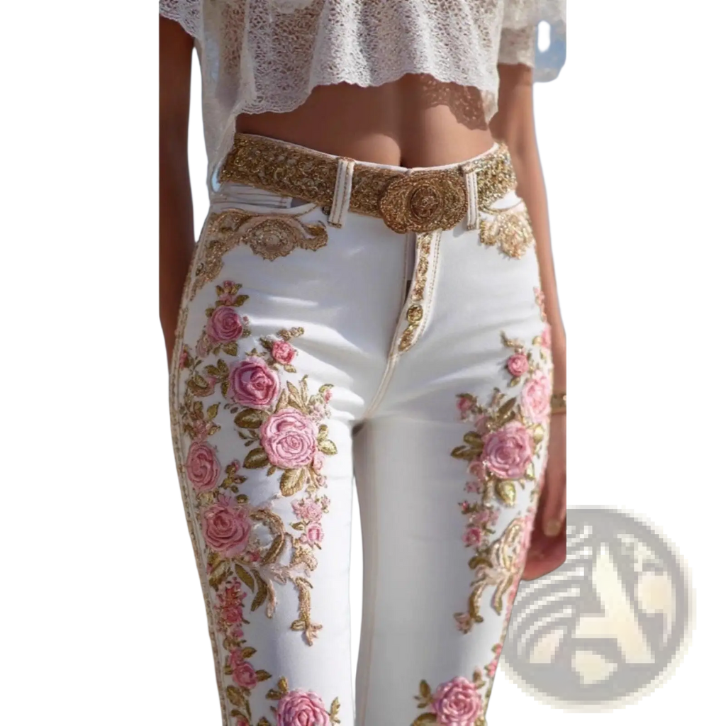 White embroidered floral faux denim pants with pink rose embroidery gold thread detailing and matching ornate belt