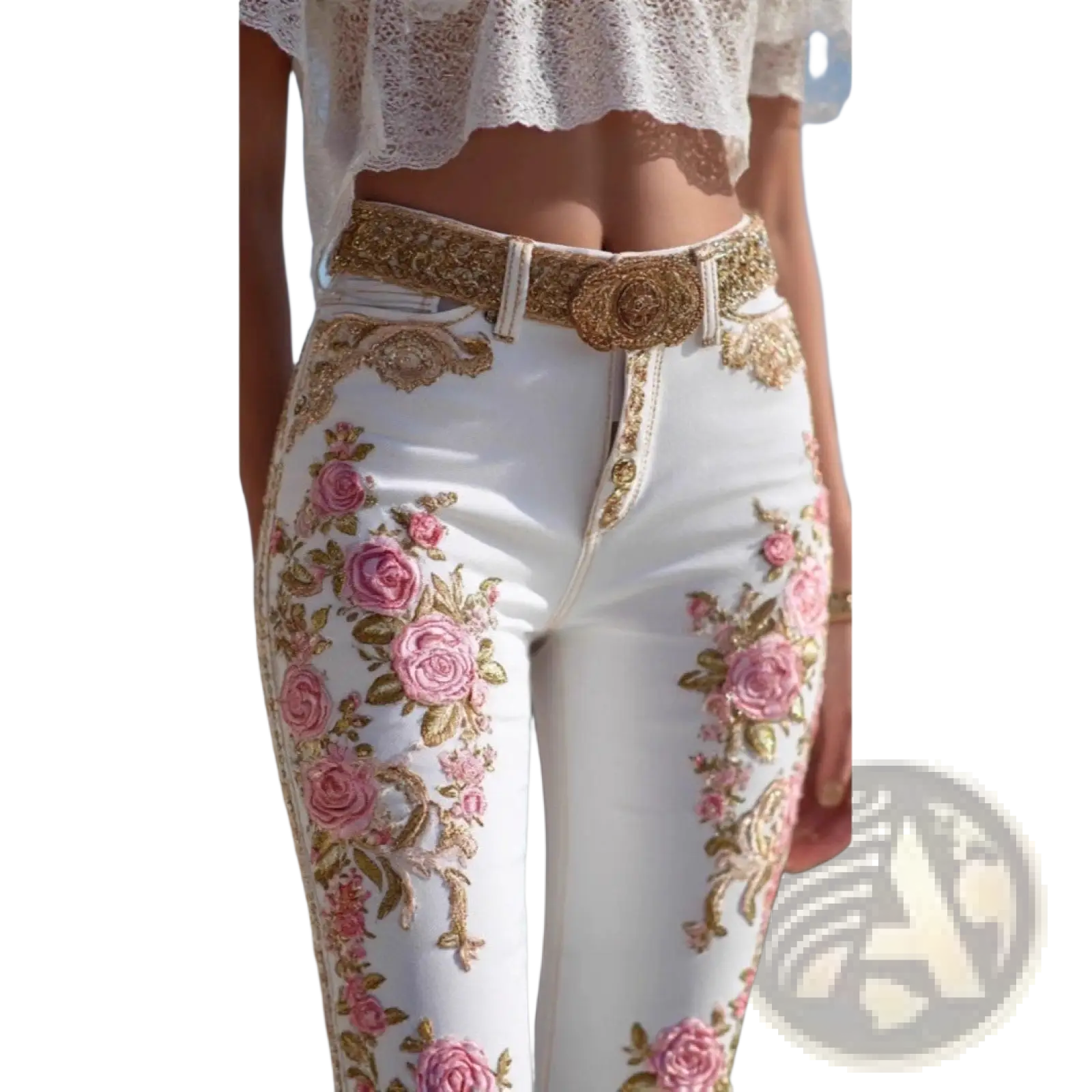 White embroidered floral faux denim pants with pink rose embroidery gold thread detailing and matching ornate belt