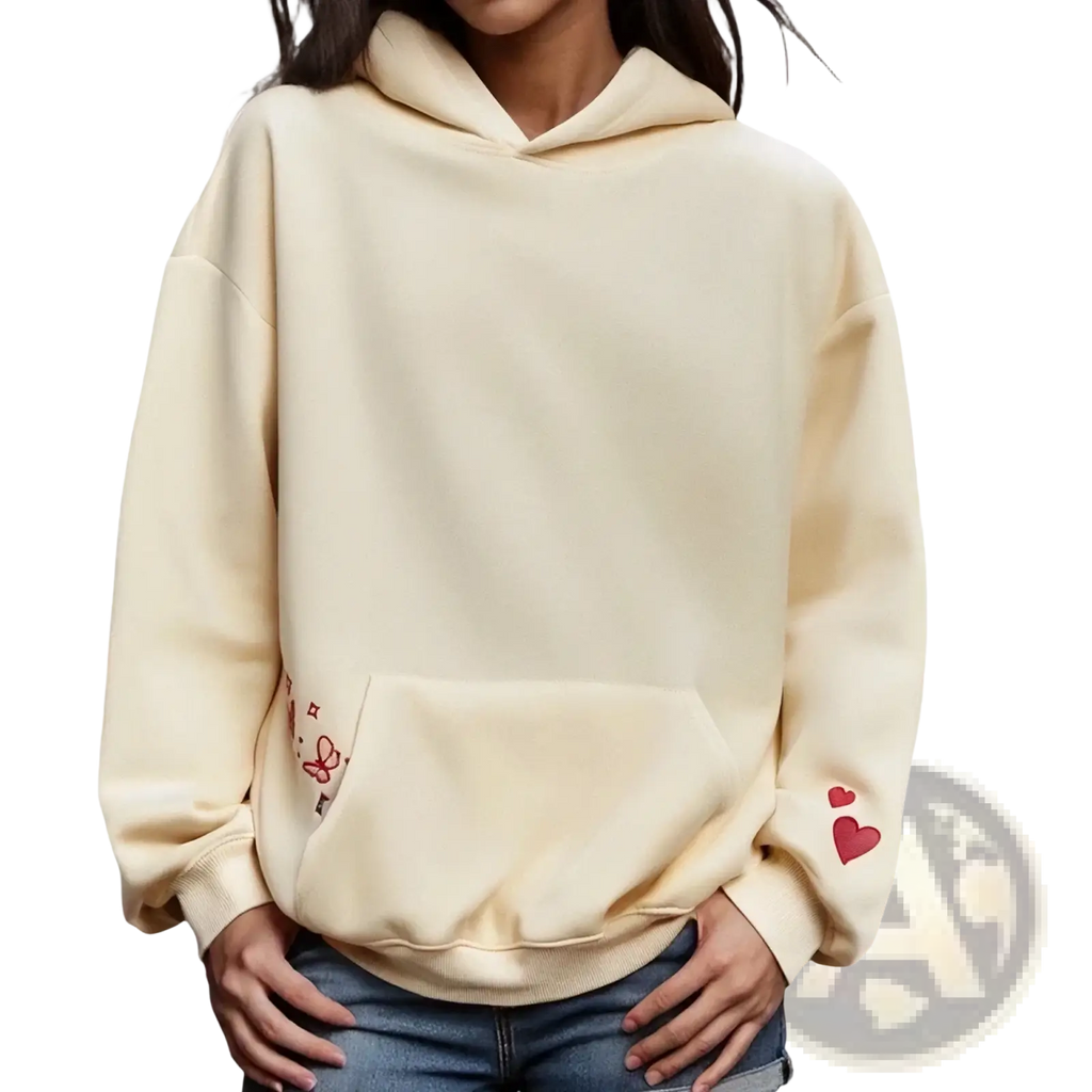 Cream-colored embroidered floral hoodie for women with red heart and butterfly embroidery on the sleeves for casual wear