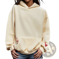 Cream-colored embroidered floral hoodie for women with red heart and butterfly embroidery on the sleeves for casual wear
