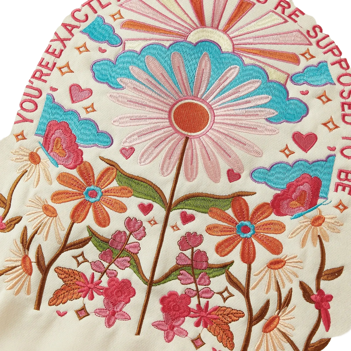 Cream-colored cotton embroidered floral hoodie for women featuring a vibrant pink daisy and sunburst sky design