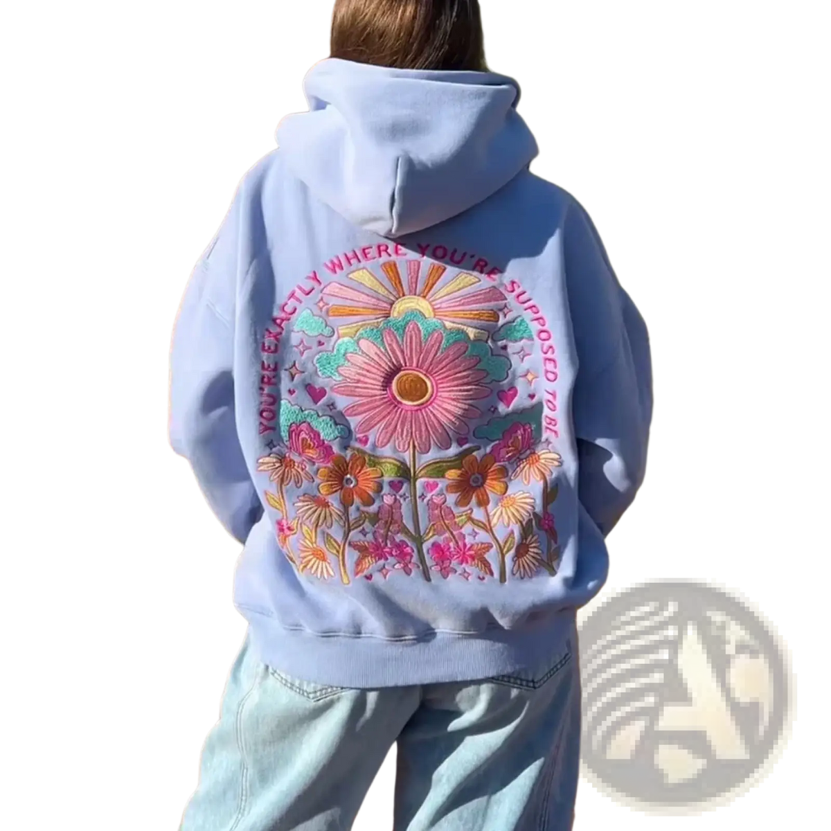 Light blue embroidered floral hoodie for women featuring a vibrant daisy and pink lettering casual sweatshirt