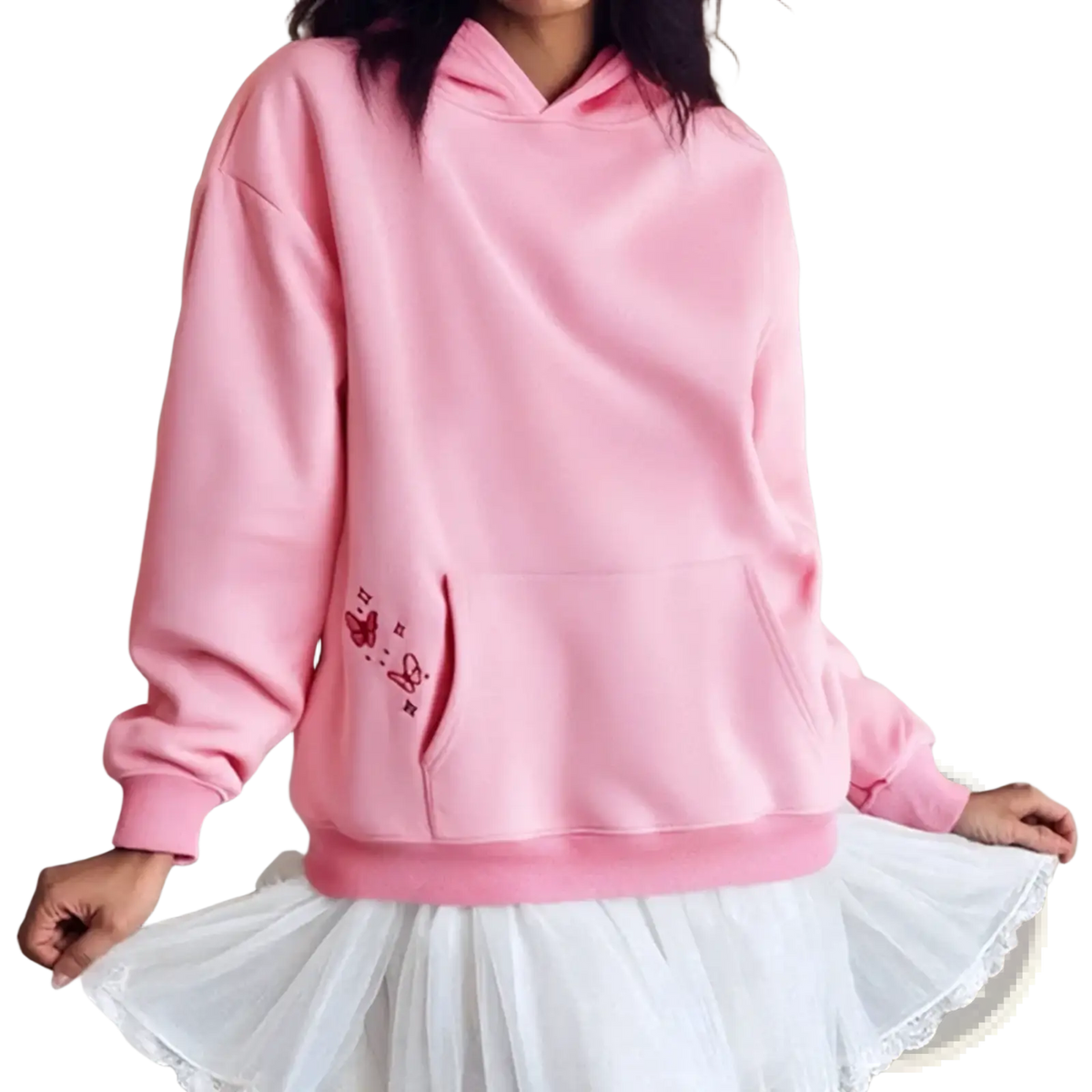 Pink oversized embroidered floral hoodie for women with butterfly embroidery on pocket for casual wear