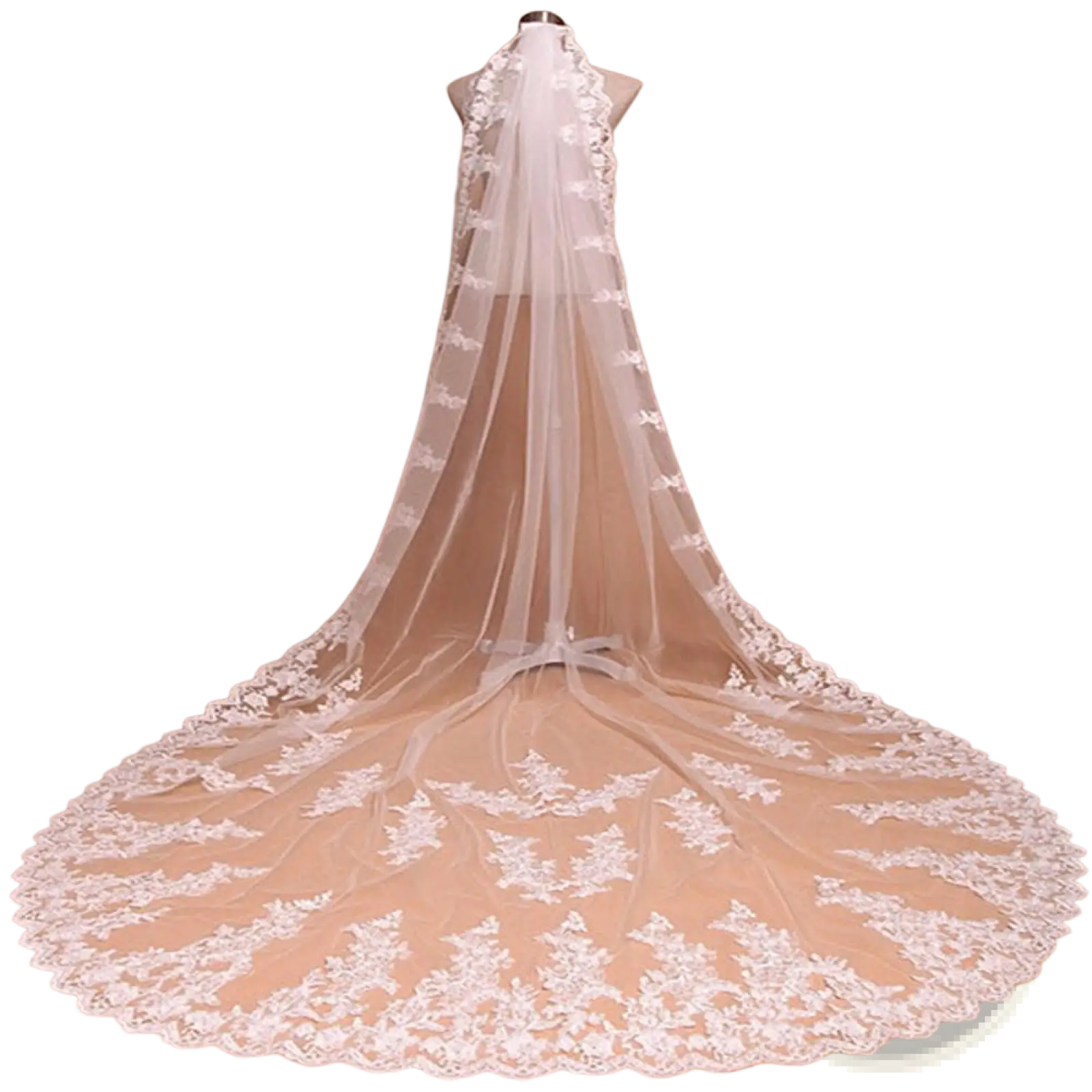 A flowing white lace cathedral wedding veil with intricate floral embroidery and a wide decorative hem with comb