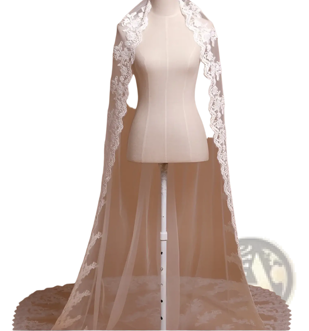 A delicate white embroidered floral lace cathedral wedding veil with comb displayed on a mannequin