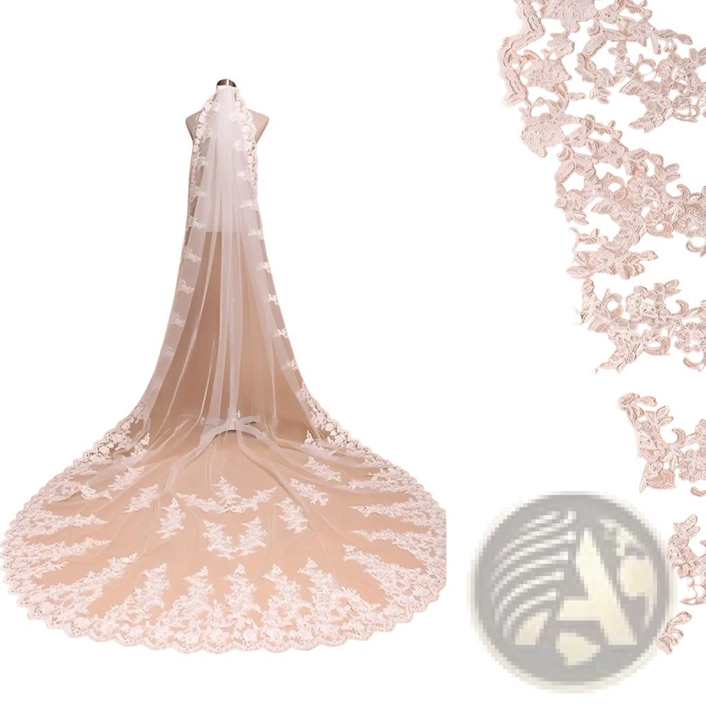 Elegant white embroidered floral lace cathedral wedding veil with scalloped edge and comb for bridal use
